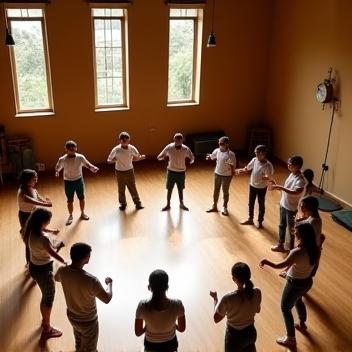 Alunos formando roda de capoeira na sala principal